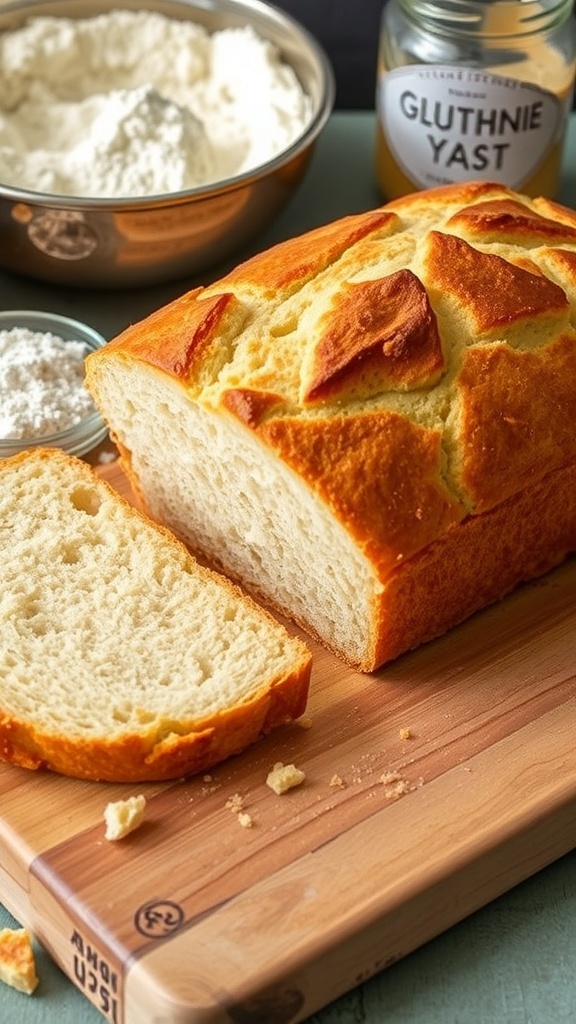 Gluten-Free Bread with Instant Yeast Recipe A golden brown loaf of gluten-free bread sliced on a wooden board, showcasing its fluffy interior.